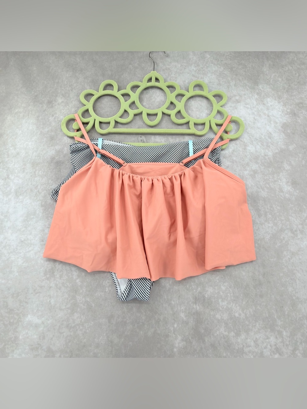 Peach Ruffled Swim Top with Striped Bikini Bottom